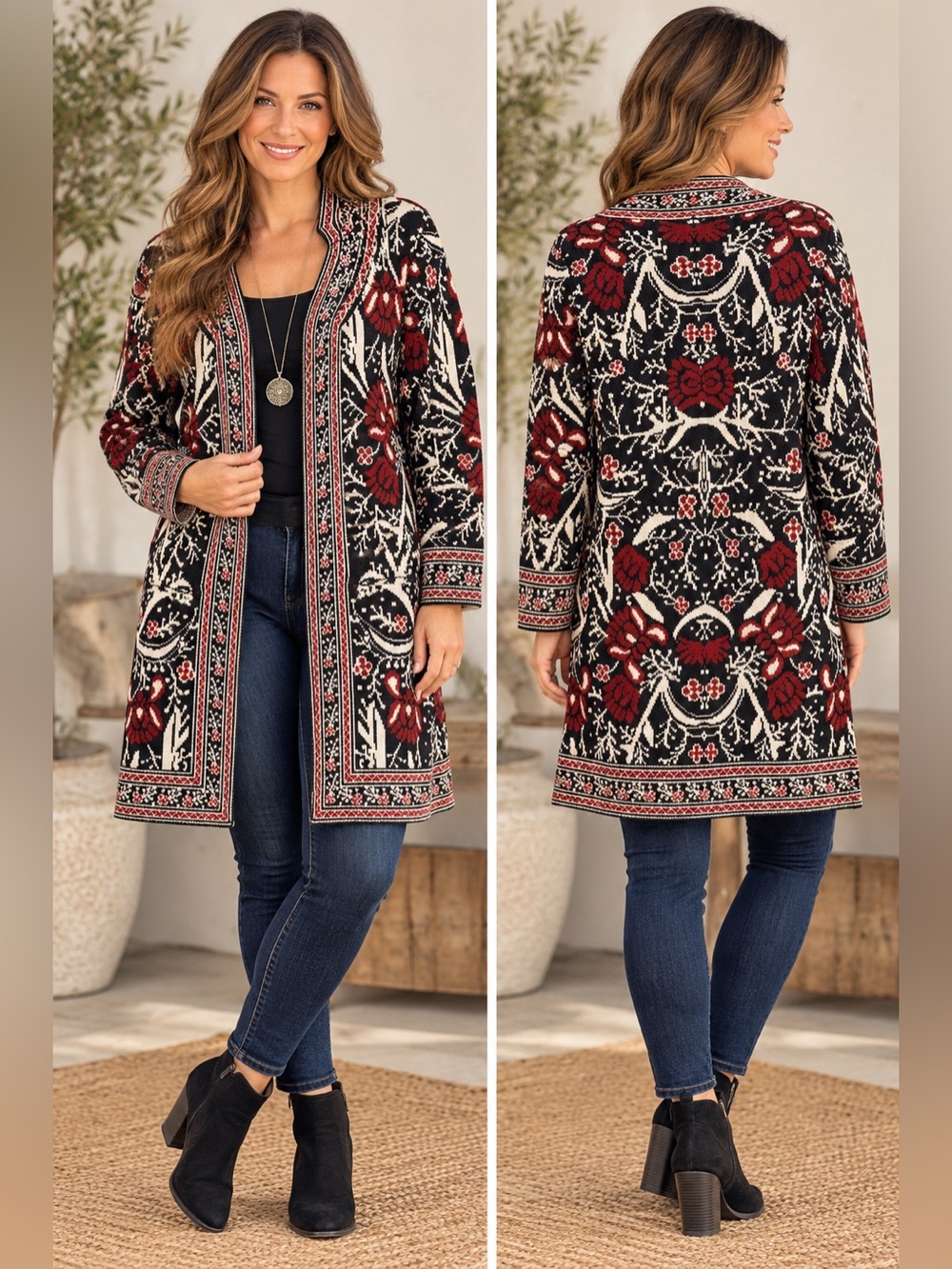 Embroidered Open Front Floral Cardigan Sweater - Black & Red